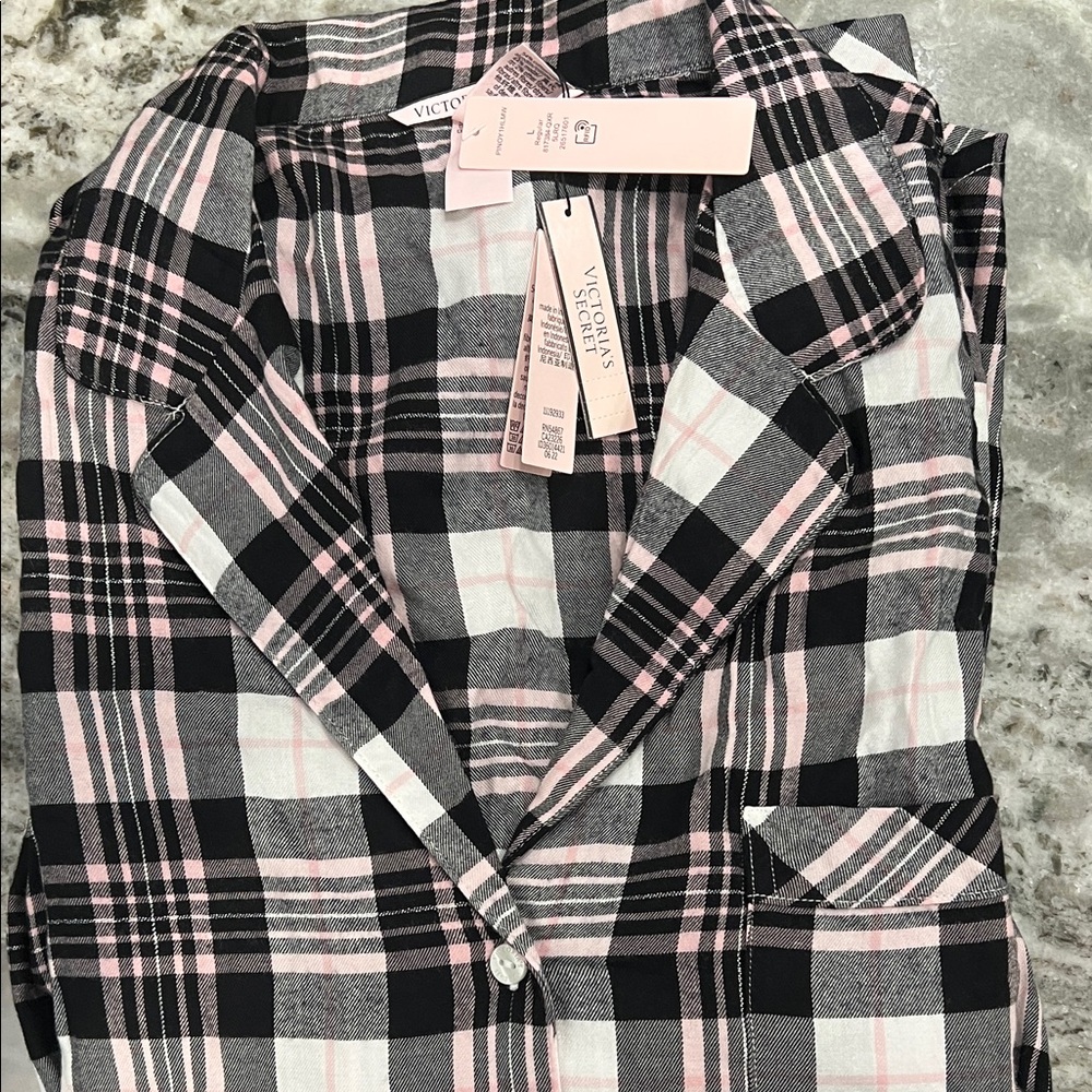 Victoria's Secret Black and Pink Plaid Pajama Top